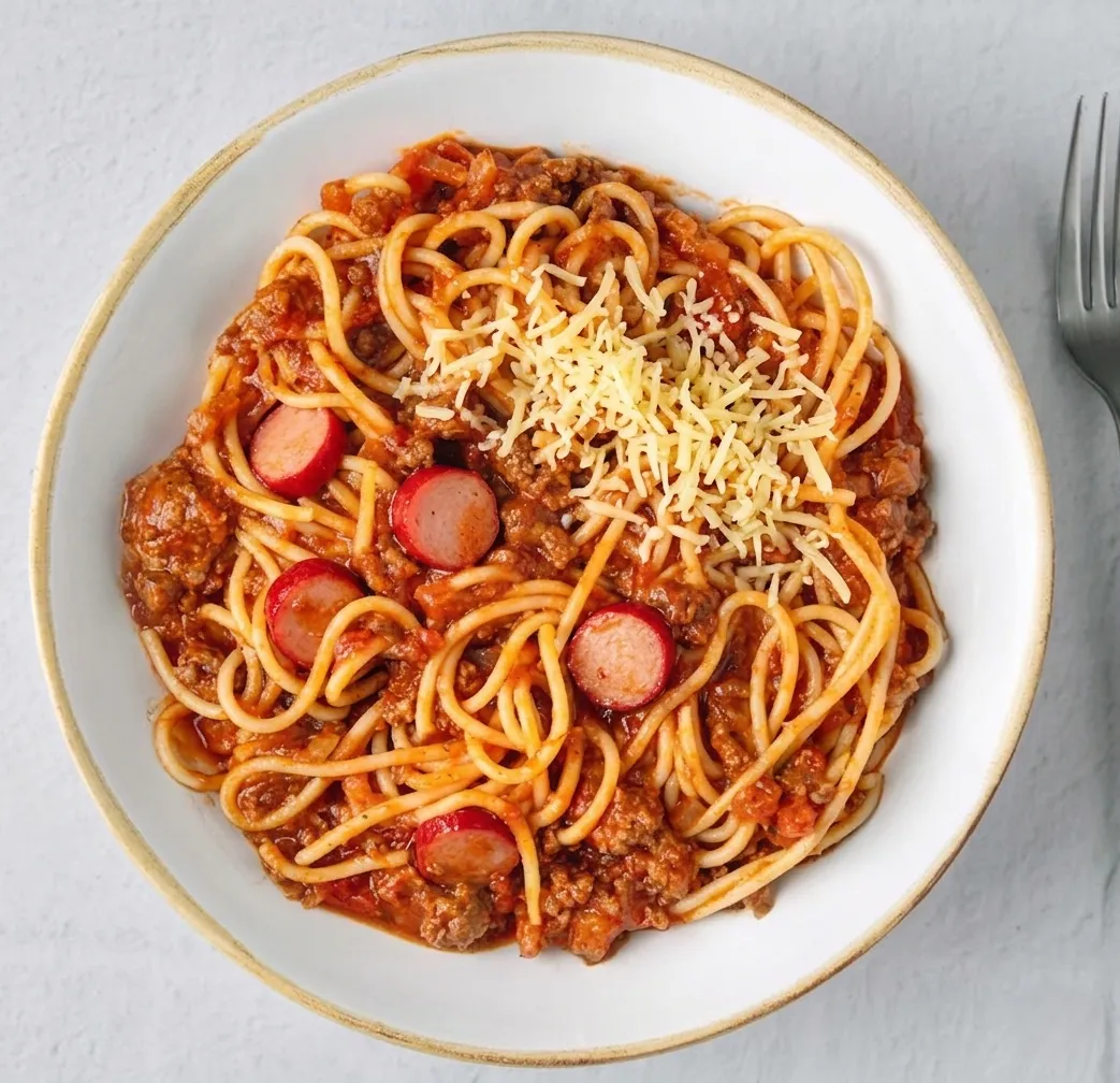 Filipino sweet-style spaghetti at Side Chick'n Saskatoon, SK